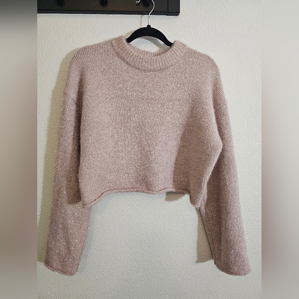 H&M Blush Pink Sparkly Metallic Crewneck Crop Sweater Women’s Small